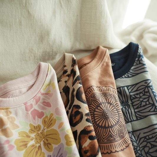 Close-up of a blue and white shirt featuring intricate fabric patterns, showcasing the textile design and motif details, associated with FireBrook Essentials' stylish and uplifting apparel collection.