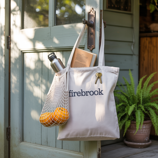 A close-up of a book, a water bottle, and two oranges in a string bag, showcasing FireBrook Designs' essentials for a joyful, stylish lifestyle.