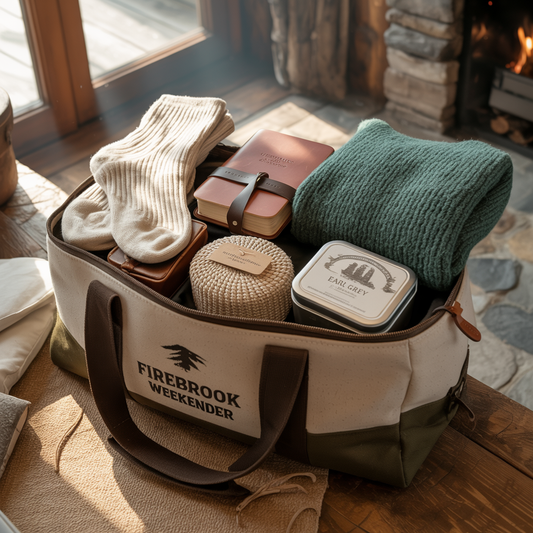 A close-up of a book beside a bag overflowing with items, and a pair of white socks neatly placed in a suitcase, capturing FireBrook Essentials’ blend of practicality and joyful living.