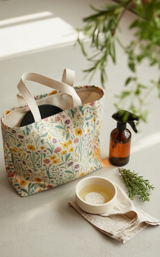 A spray bottle with a sleek black handle beside a close-up of a stylish handbag and a ceramic plant vase, representing FireBrook Essentials' blend of functionality and uplifting design.