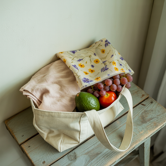 Close-up of a tomato and grapes on fabric, highlighting natural textures and vibrant colors, capturing the essence of fresh, uplifting design associated with FireBrook Essentials.