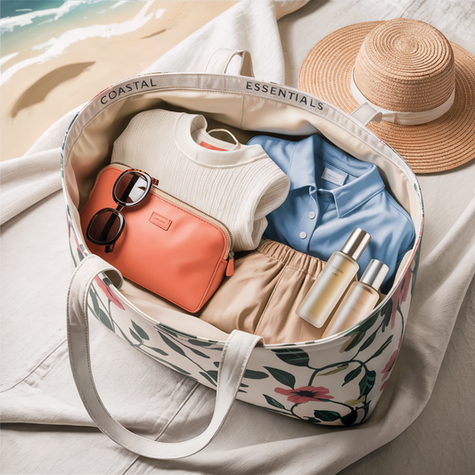 A straw hat with a white ribbon, paired with stylish sunglasses and a sleek silver cylinder, embodying FireBrook Essentials' commitment to uplifting, joyful fashion accessories.