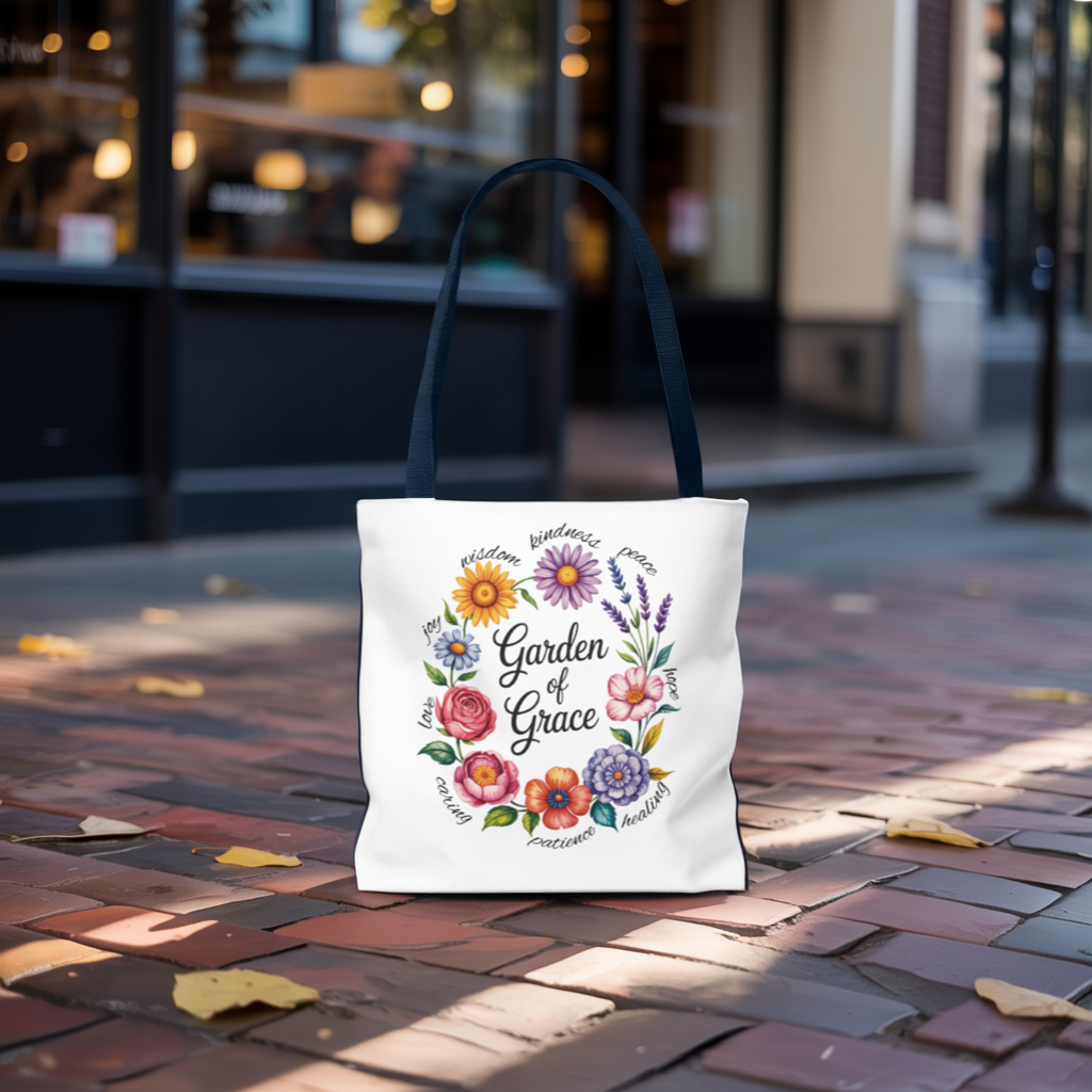 Garden of Grace Watercolor Design Tote Bag showcasing hand-drawn pastel flowers and elegant script. Ideal for daily use, this tote combines style and charm, reflecting FireBrook Designs' uplifting, positive ethos.