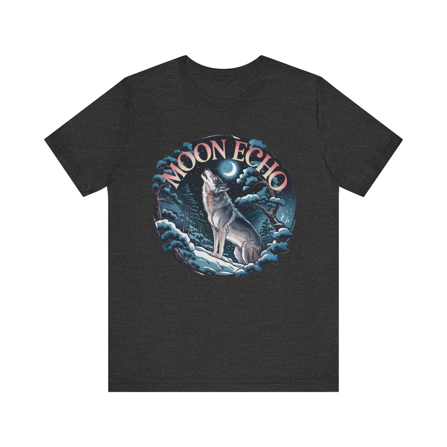 Moon Echo Wolf Howling Beneath the Moon Bella+Canvas Unisex T-Shirt featuring a wolf howling design, perfect for nature enthusiasts and casual wear.