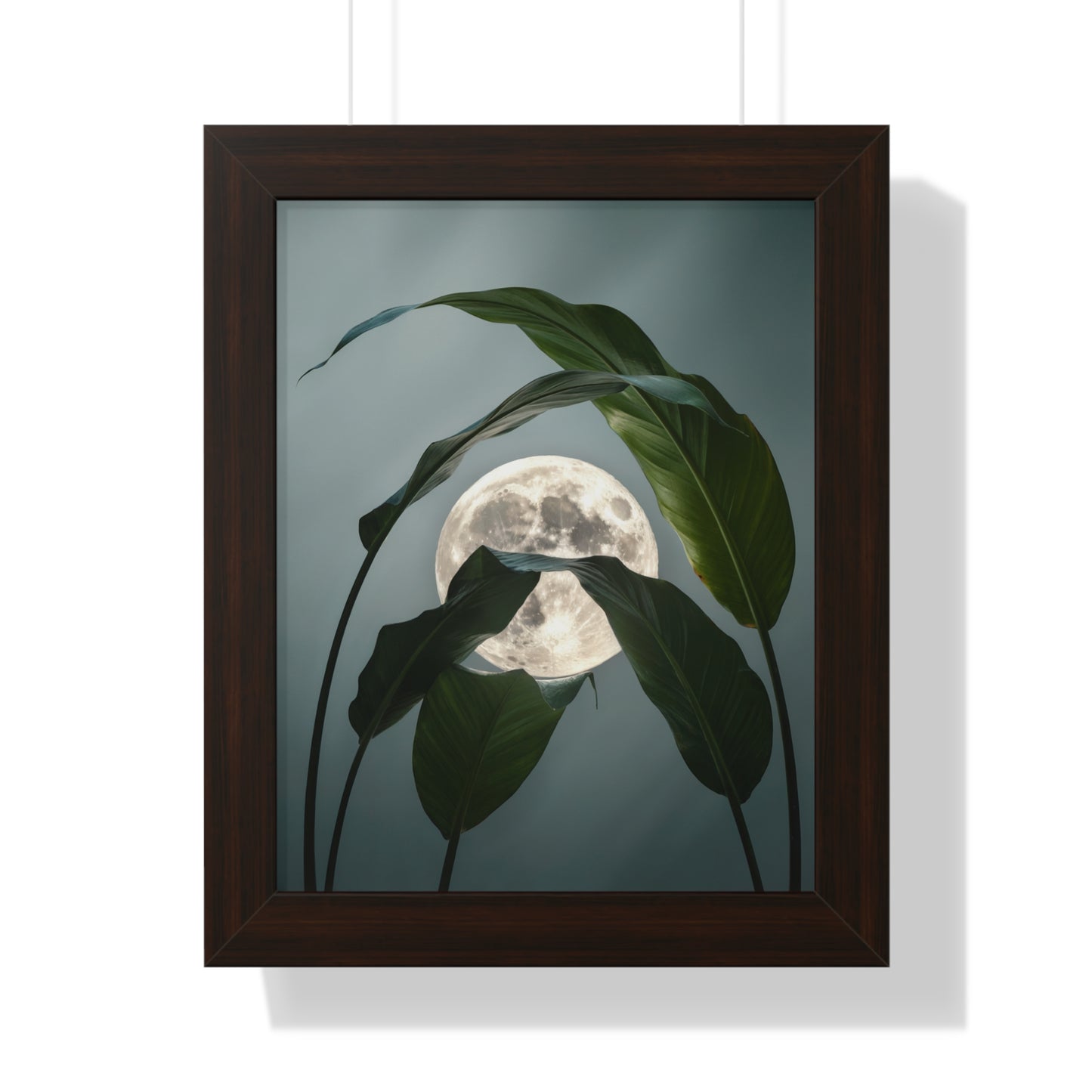 Vertical Moon and Tropical Leaves Poster: A framed artwork featuring a luminous full moon intertwined with oversized tropical leaves, creating a serene, dreamlike aesthetic. Perfect for adding ethereal beauty to any space.