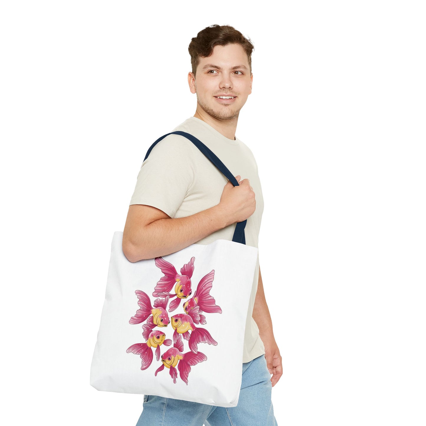Fish Tote Bag - School of Fish Design: A polyester tote adorned with a serene fish pattern, perfect for ocean lovers and everyday use, featuring durable handles and extra room for essentials.