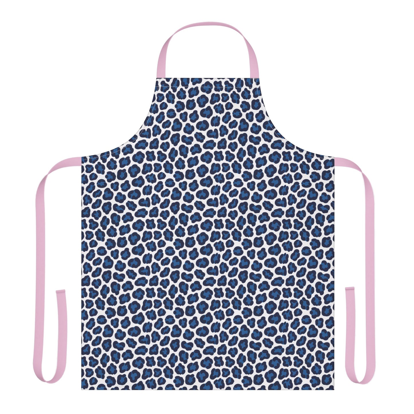 Apron, Cheetah Print: A vibrant blue and white apron with a bold cheetah pattern, featuring pink straps. Designed for comfort and style, it's ideal for cooking or crafting, reflecting FireBrook Essentials' uplifting design ethos.