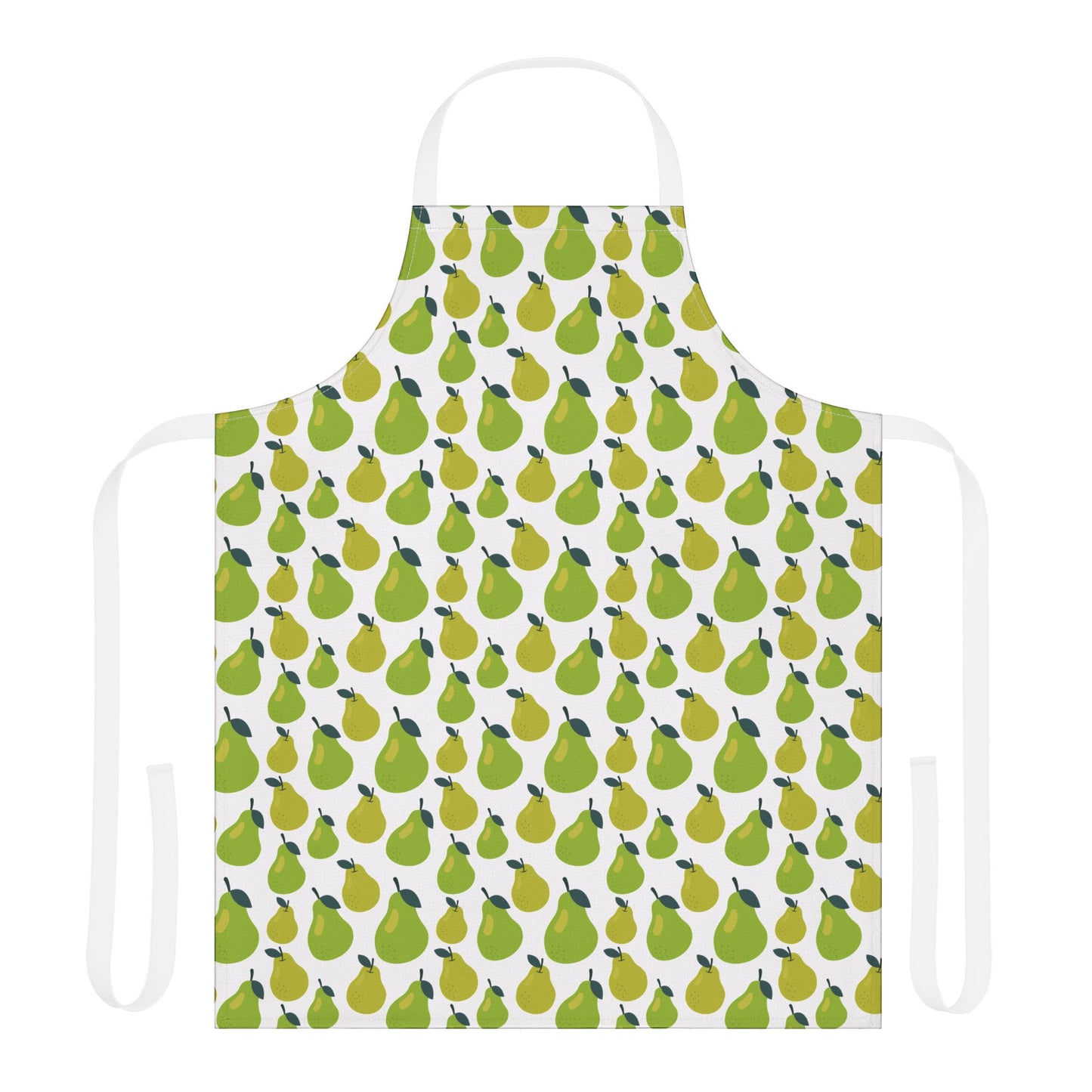 Pear Apron showcasing green pear pattern on white polyester canvas, designed for comfort and protection. Ideal for adding personality to kitchen tasks, aligning with FireBrook Essentials' joyful, functional style.