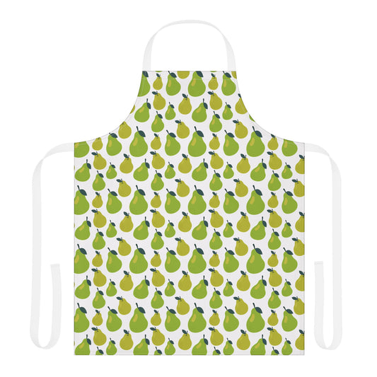 Pear Apron showcasing green pear pattern on white polyester canvas, designed for comfort and protection. Ideal for adding personality to kitchen tasks, aligning with FireBrook Essentials' joyful, functional style.