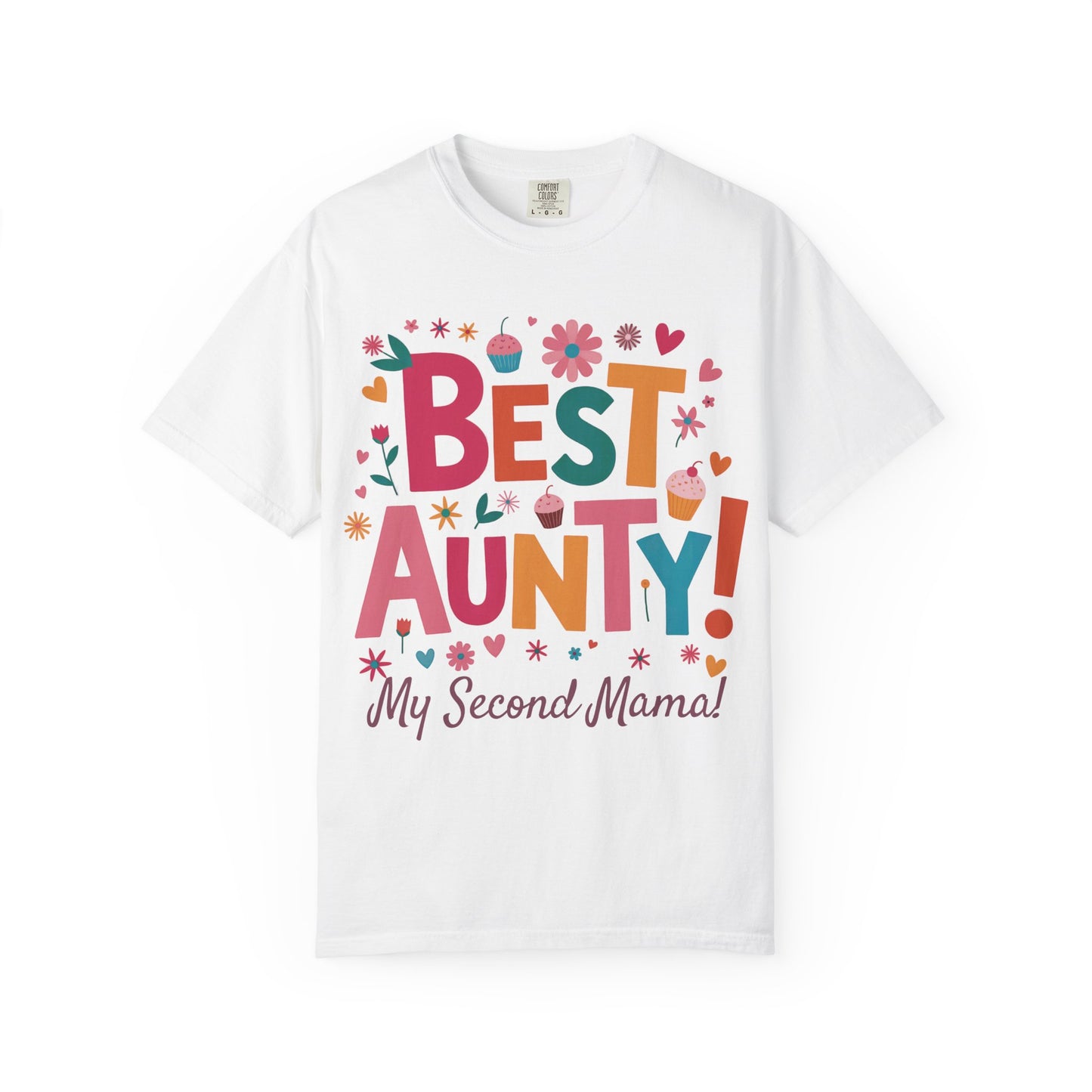 'Best Aunty My Second Mama' T-shirt featuring a heartfelt message, crafted with double-needle stitching and soft garment-dyed fabric, embodying FireBrook Essentials' commitment to comfort and joyful, stylish apparel.