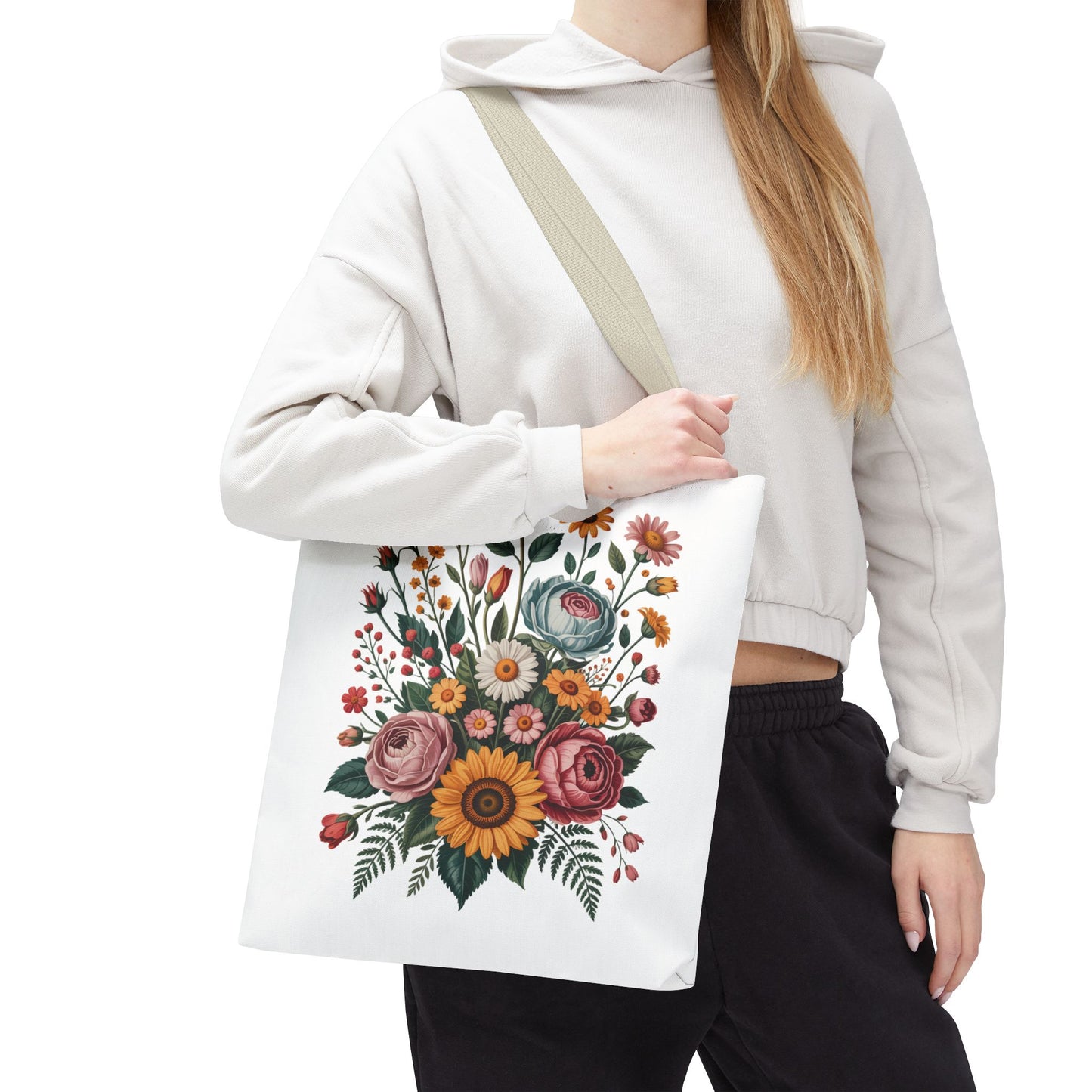 Botanical Vintage Flower Tote Bag with a collage of muted pastel flowers from botanical illustrations, featuring durable polyester and reinforced handles, ideal for carrying essentials in style. Perfect for nature lovers.