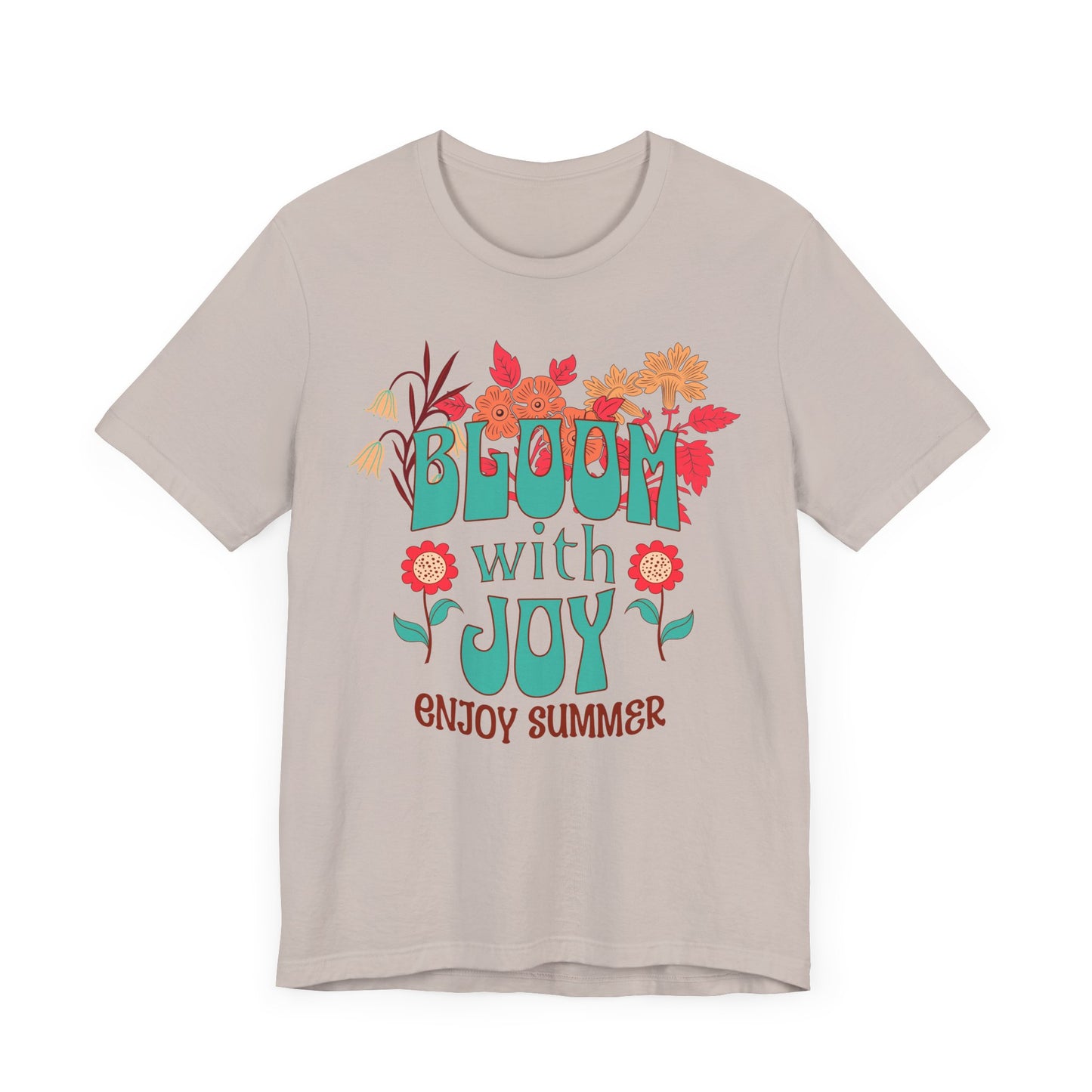 Bloom with Joy Bella+Canvas Unisex T-Shirt featuring a joyful flower and text graphic, ideal for casual and semi-formal wear, reflecting the uplifting style of FireBrook Essentials.