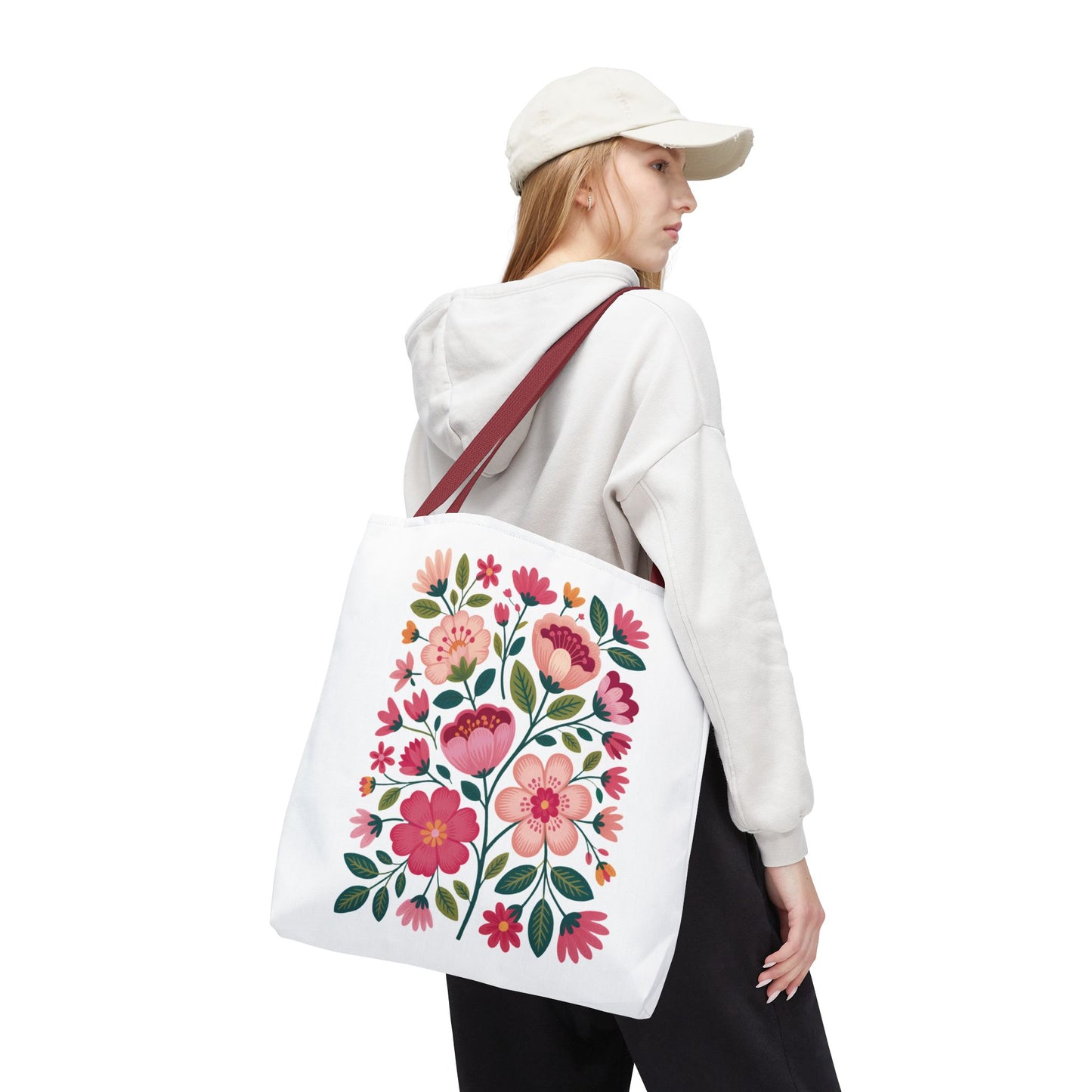 Pink Floral Folk-Art Style Tote Bag featuring vibrant pink and fuchsia flowers with dusty green leaves, designed for versatile use, embodying FireBrook Essentials' joyful and uplifting design ethos.