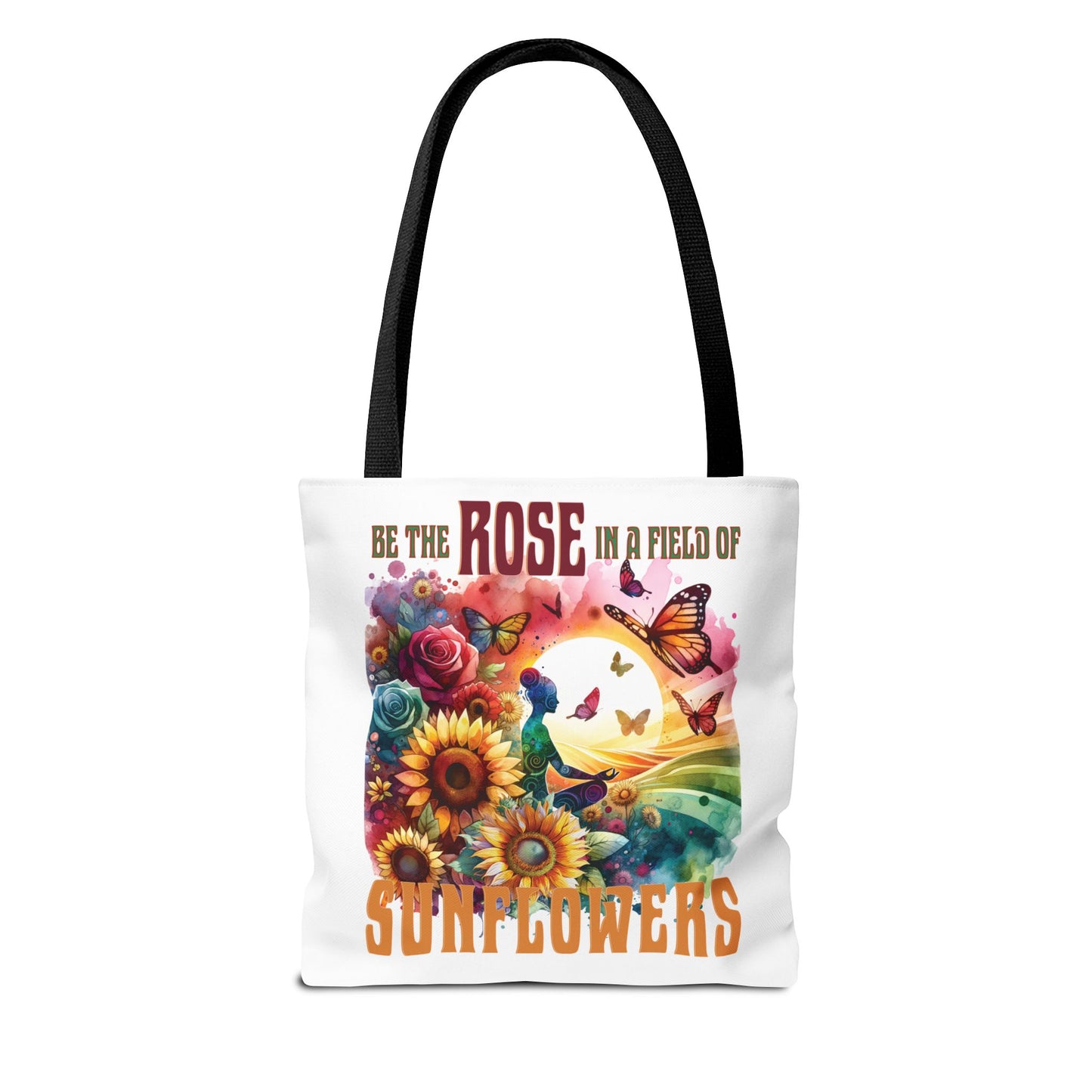 Be the Rose in a Field of Sunflowers Tote Bag featuring floral and butterfly designs, embodying positivity and style. Ideal for daily use, aligning with FireBrook Essentials' uplifting and joyful ethos.