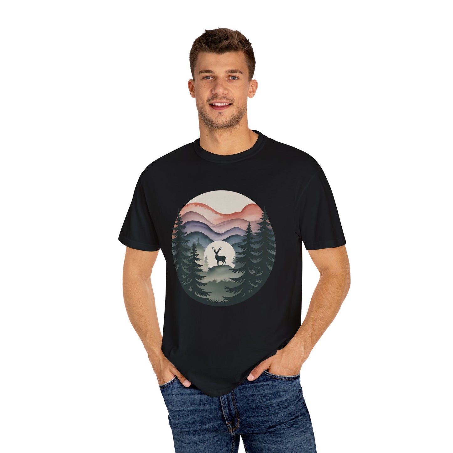 Nature Wanderer T-Shirt showcases layered mountain silhouettes and a minimalist stag on a sage-green backdrop, embodying tranquility and wilderness, ideal for nature lovers and outdoor enthusiasts.