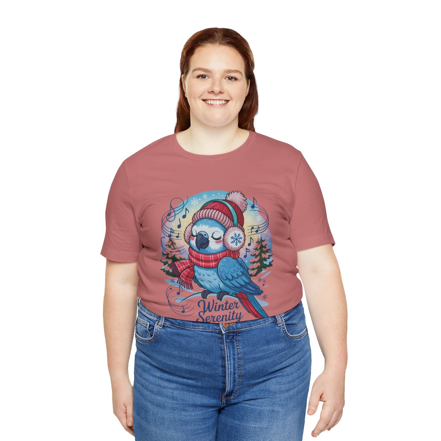 Winter Serenity Cute Baby Parrot Unisex T-Shirt displayed on a hanger, showcasing its retail fit and vibrant parrot design. Made from 100% Airlume cotton, suitable for casual or semi-formal wear.