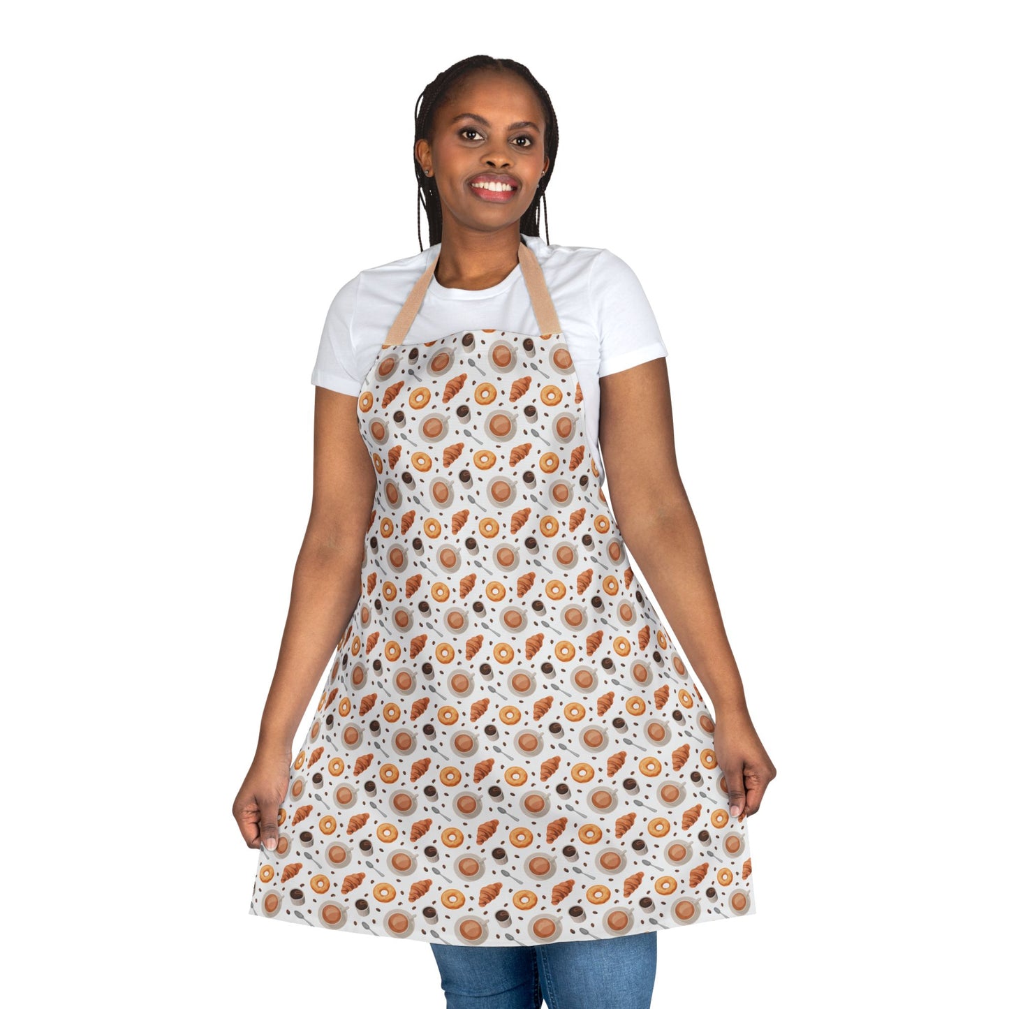 Apron Coffee Cups Donuts Croissants Beans Spoon: A woman wears a playful apron showcasing coffee cups, donuts, croissants, and spoons, perfect for culinary or crafting enthusiasts, embodying FireBrook Designs' joyful and stylish approach.
