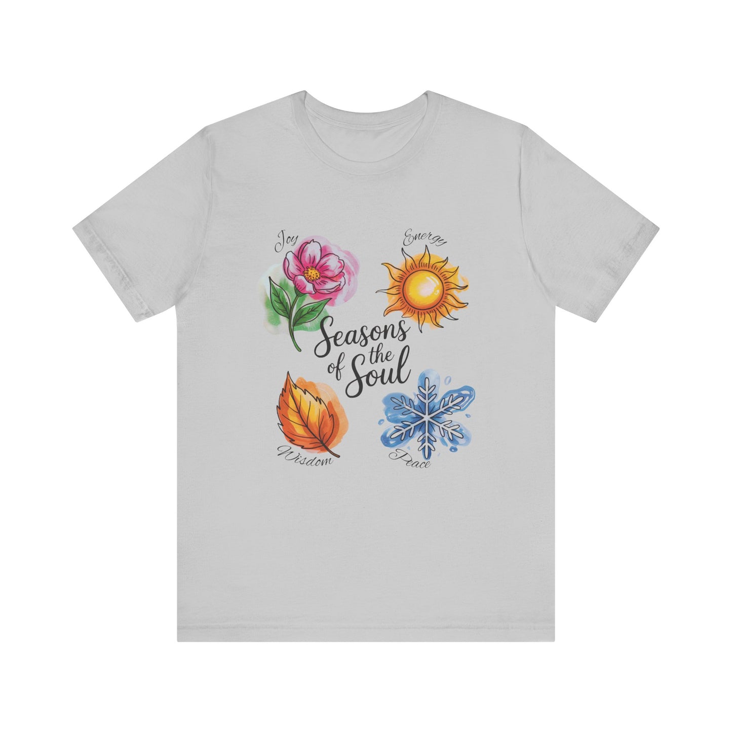 Seasons of the Soul: Joy, Energy, Wisdom & Peace T-Shirt, a unisex jersey short-sleeve tee, showcases an uplifting design, ideal for spiritual reflection and everyday comfort from FireBrook Essentials.