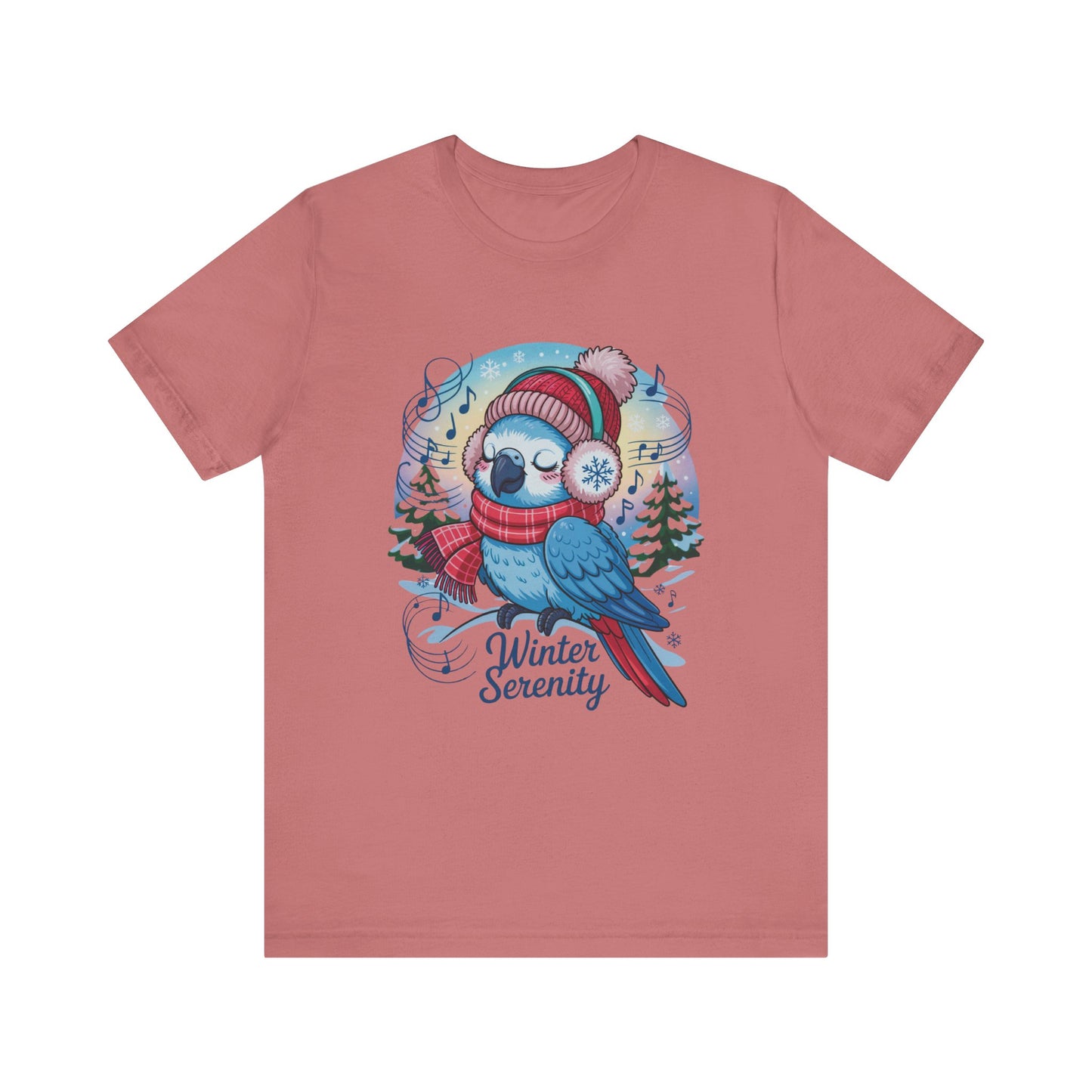 Winter Serenity Cute Baby Parrot Unisex T-Shirt showcases a charming parrot graphic, ideal for bird enthusiasts. Crafted from 100% Airlume cotton, it offers a comfortable fit for casual and semi-formal occasions.