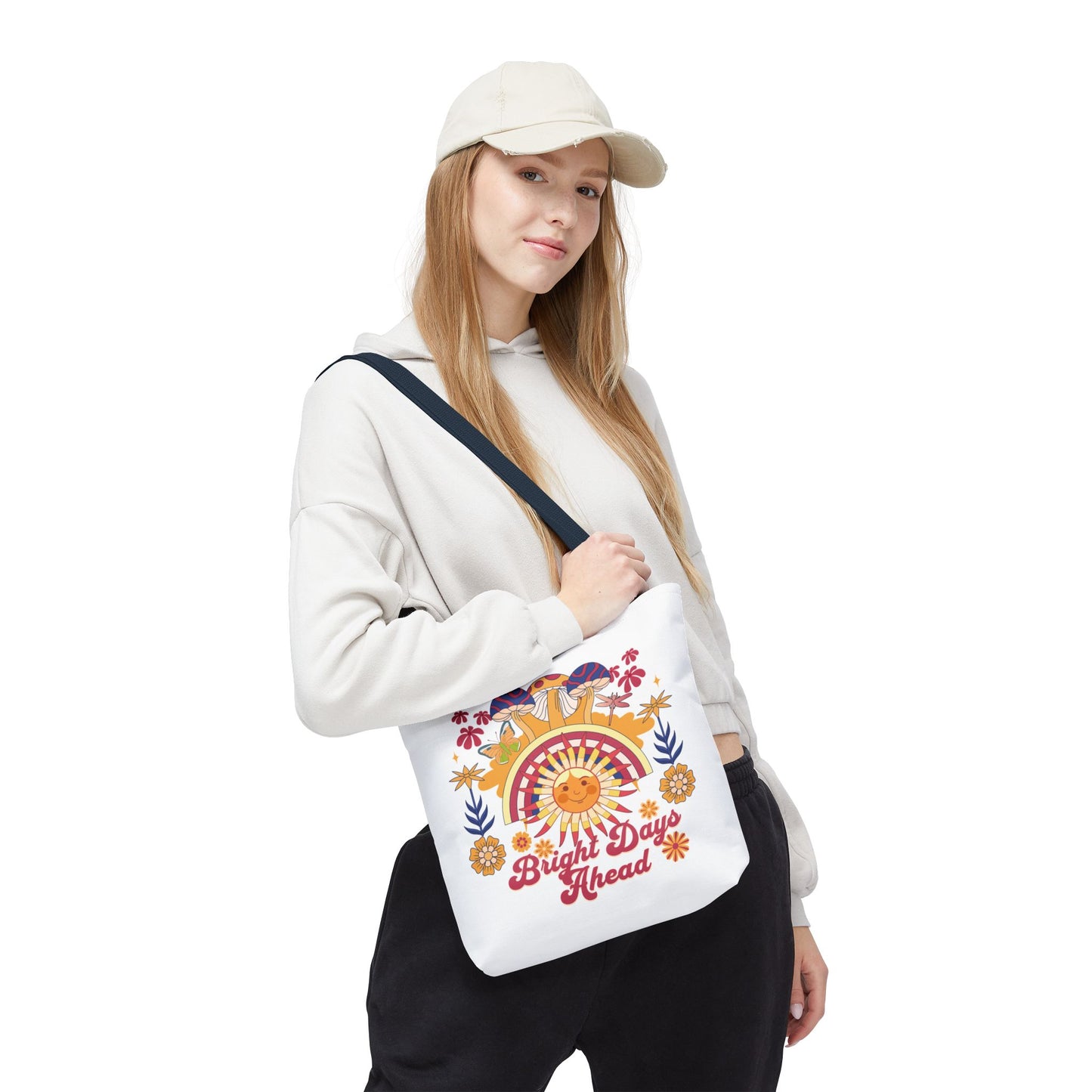 Bright Days Ahead Sunshine Floral Tote Bag showcases vibrant sunshine, flowers, and butterflies, perfect for joyful outdoor adventures. Ideal for beach trips and picnics, reflecting FireBrook Essentials' uplifting, stylish design ethos.