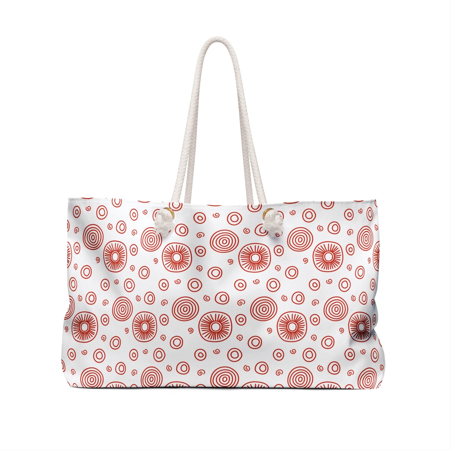 Weekender Bag - Red Swirls and Circles Design: A stylish, durable shoulder bag with red swirl patterns, featuring rope handles and a spacious T-bottom, ideal for fashion-forward travelers seeking practicality.