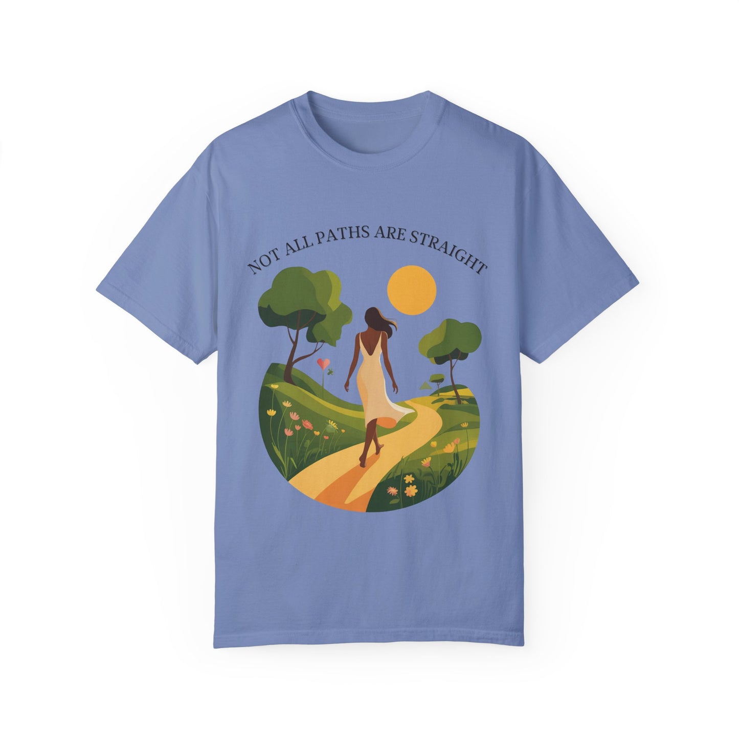 Inspirational Message T-Shirt featuring a woman walking on a path, surrounded by trees, symbolizing life's journey. Ideal for those seeking comfort and style with a meaningful design from FireBrook Essentials.