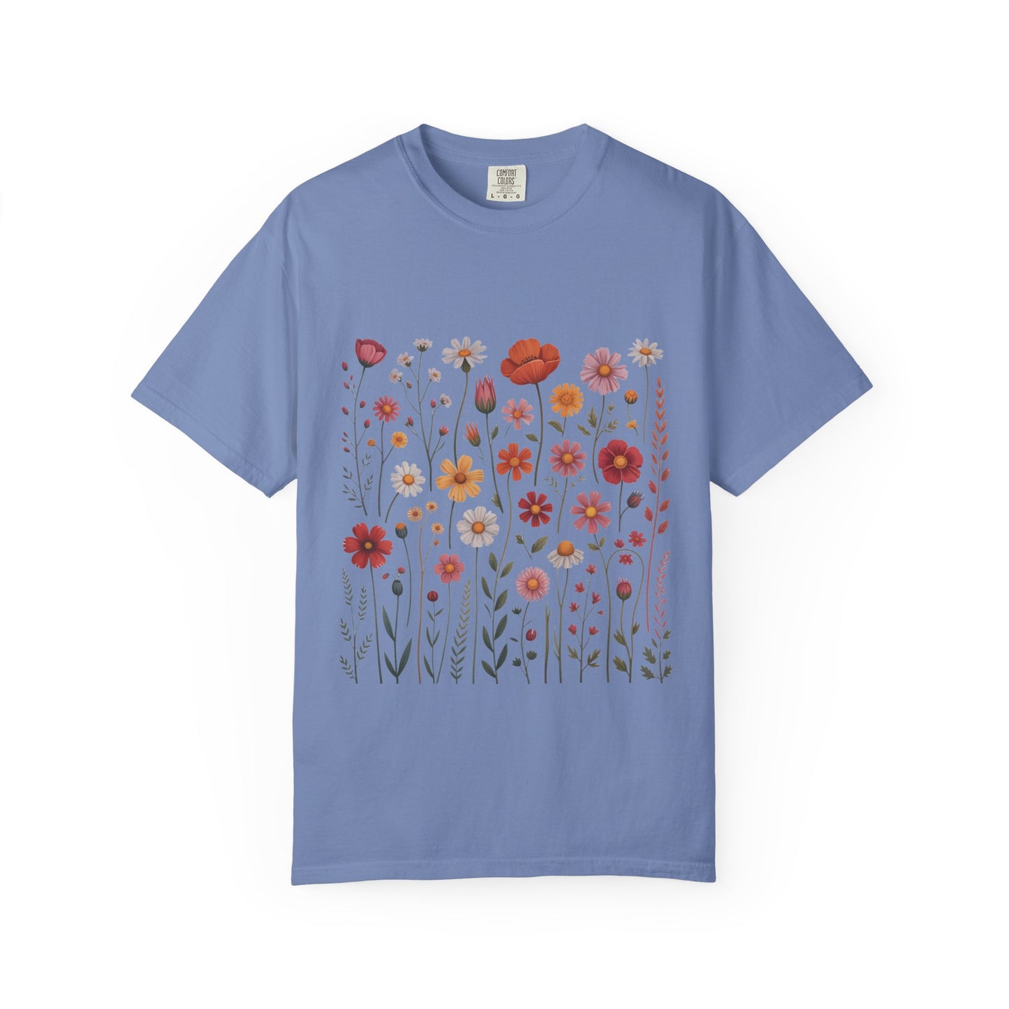 Wildflowers Summer T-Shirt: A soft, garment-dyed shirt with double-needle stitching, embodying a vibrant, carefree vibe perfect for outdoor summer activities and celebrations, aligning with FireBrook Essentials' joyful, uplifting style.