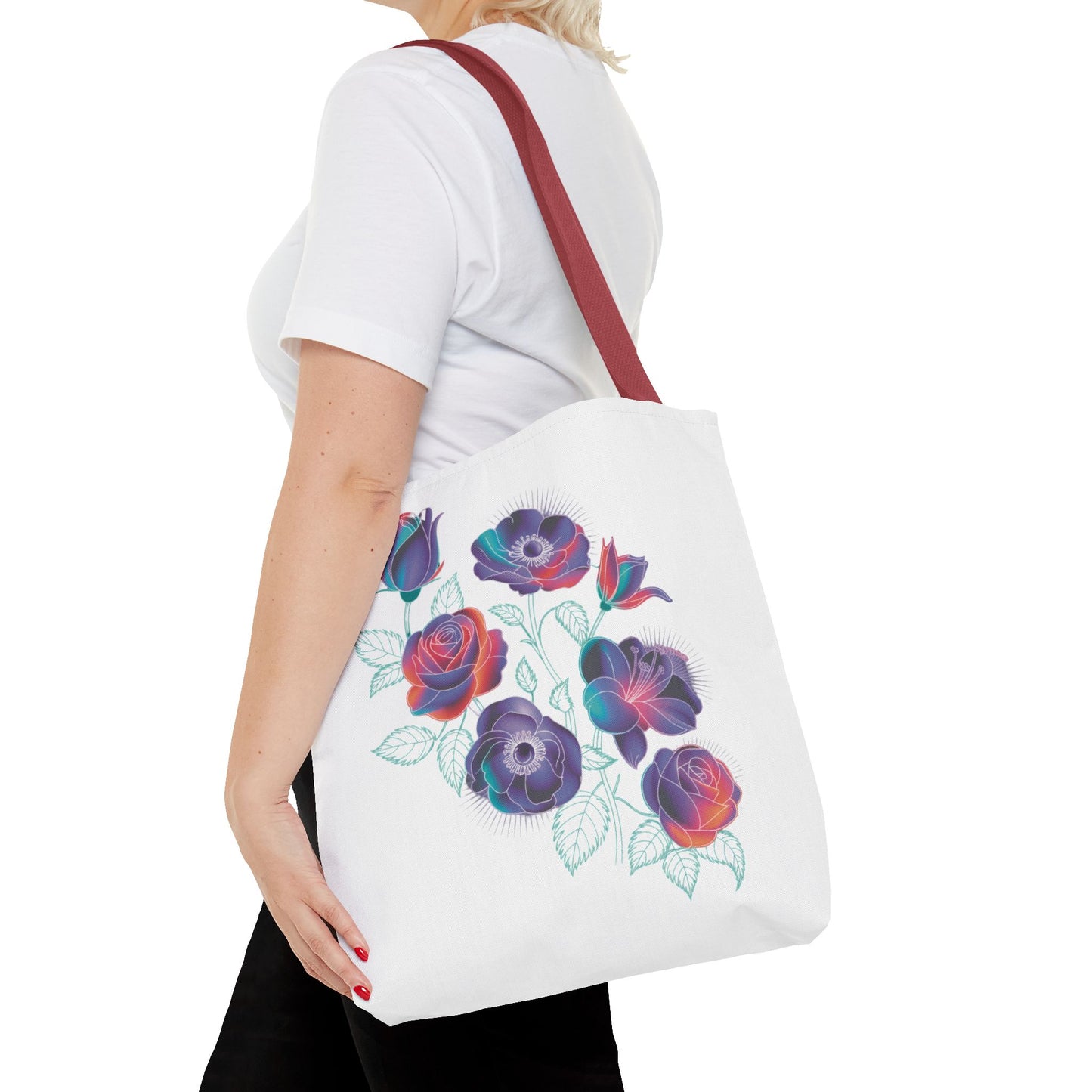 Vibrant Rose, Anemone, Lily Silhouettes Neon Floral Tote Bag featuring eye-catching floral silhouettes in neon hues, perfect for stylishly carrying essentials. Ideal for nature enthusiasts and lovers of unique design.