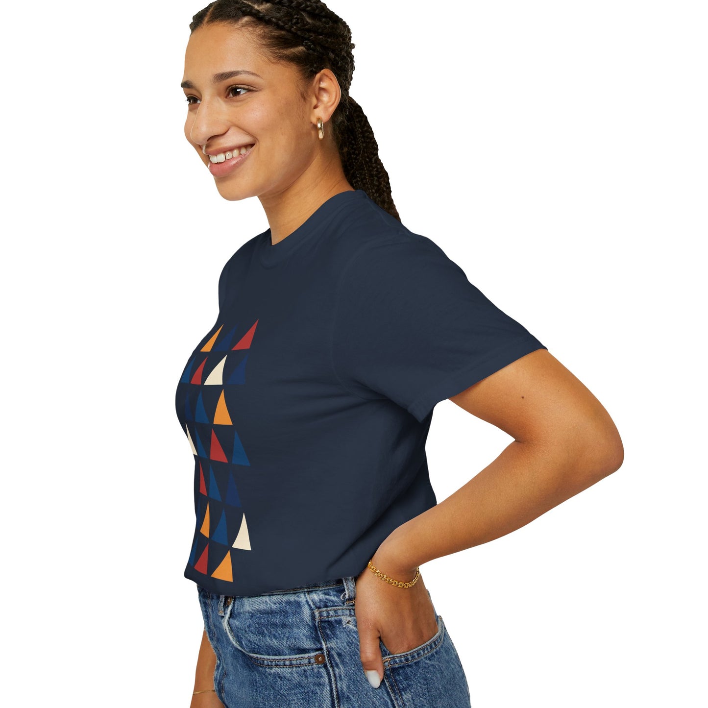 Geometric Triangle Grid T-Shirt showcasing a modern design with equilateral triangles. The shirt is ideal for minimalist style enthusiasts, offering comfort with its soft, durable fabric from FireBrook Essentials.