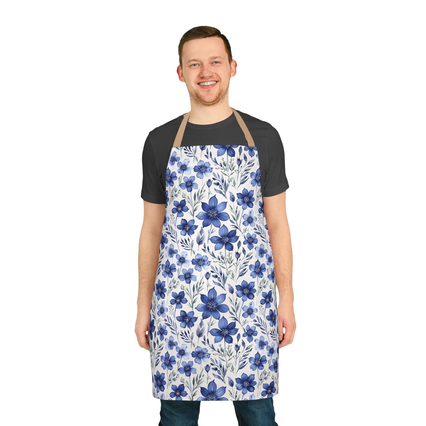 Apron, Blue Wildflower Pattern: A hand-painted, indigo blue apron with a soft watercolor texture, showcasing vibrant wildflowers. Designed for comfort and style, ideal for home chefs and artists from FireBrook Designs.