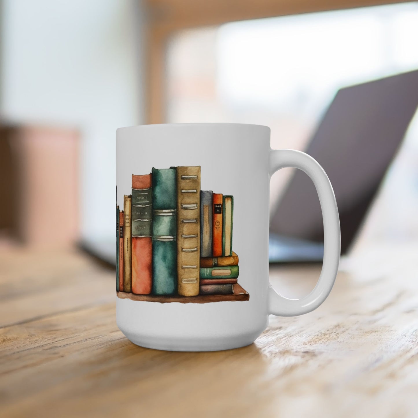 Books Ceramic 15 oz Coffee Mug - Books, Gift for educators, students and book lovers, featuring an artful book design. Ideal for hot or cold drinks, this durable, vivid-colored ceramic mug enhances your daily inspiration.