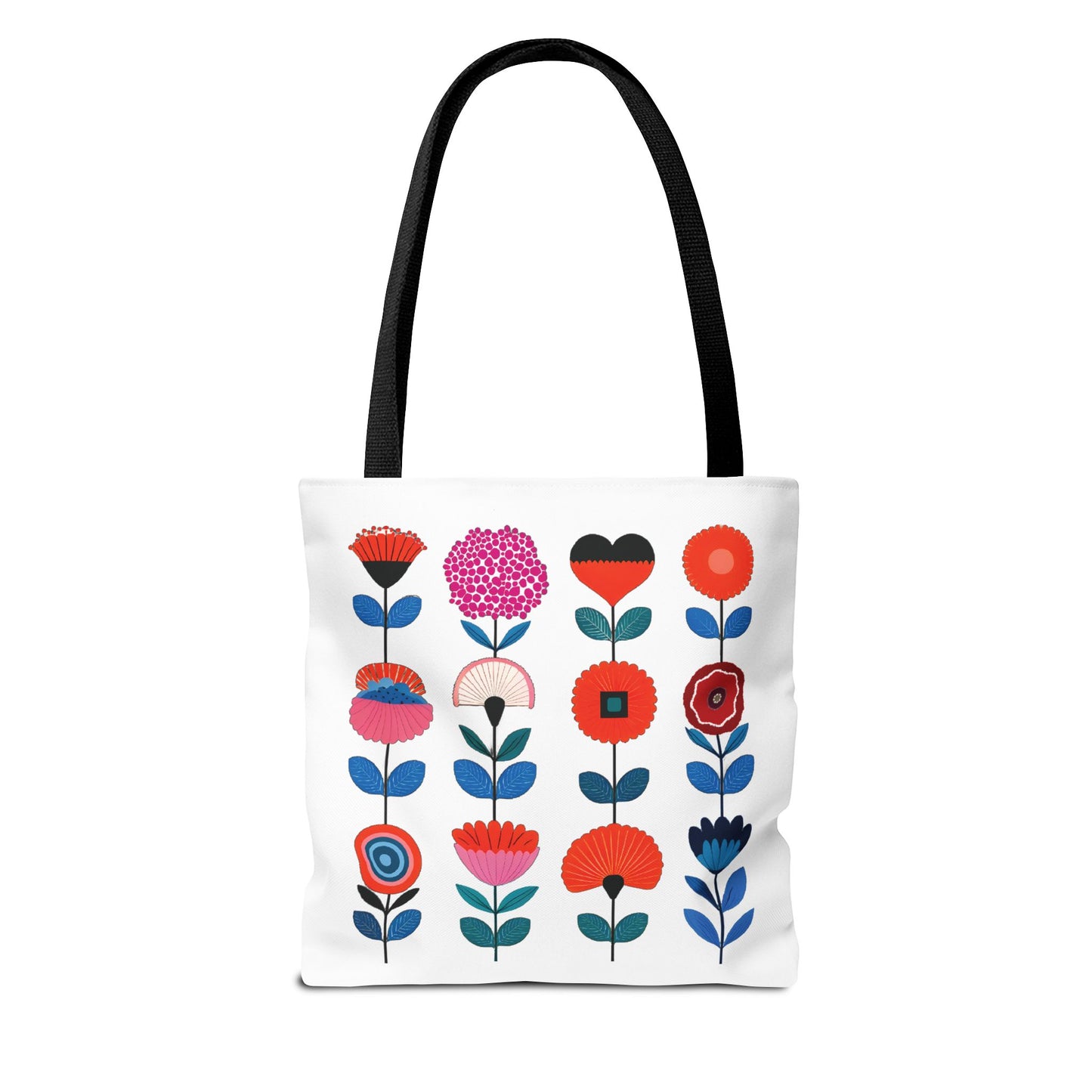 Floral Pattern Tote Bag with vibrant flower designs, featuring black straps and a durable polyester body. Ideal for daily use, combining style and practicality from FireBrook Essentials.