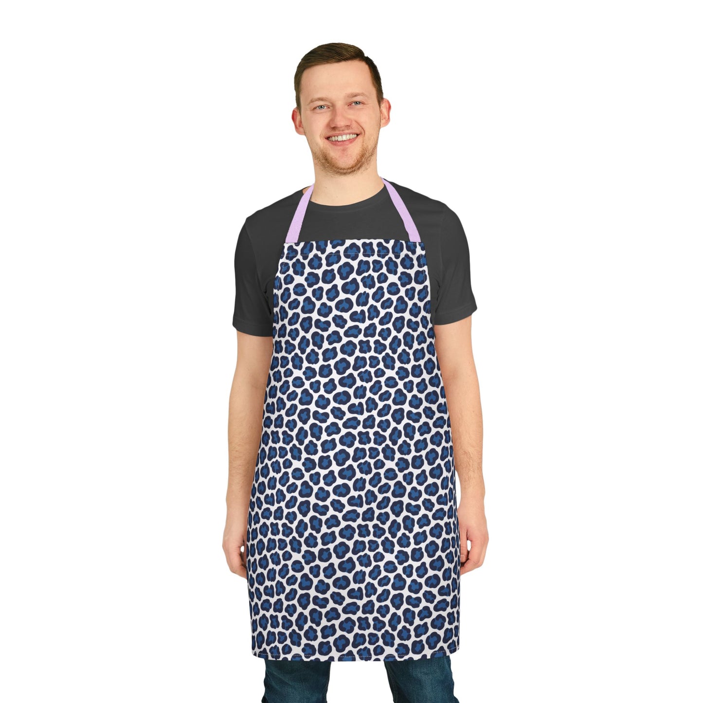 Apron, Cheetah Print: A close-up showcases a stylish apron with a bold blue cheetah print, featuring a soft texture and tie-back closure, ideal for vibrant, mess-free cooking or crafting.