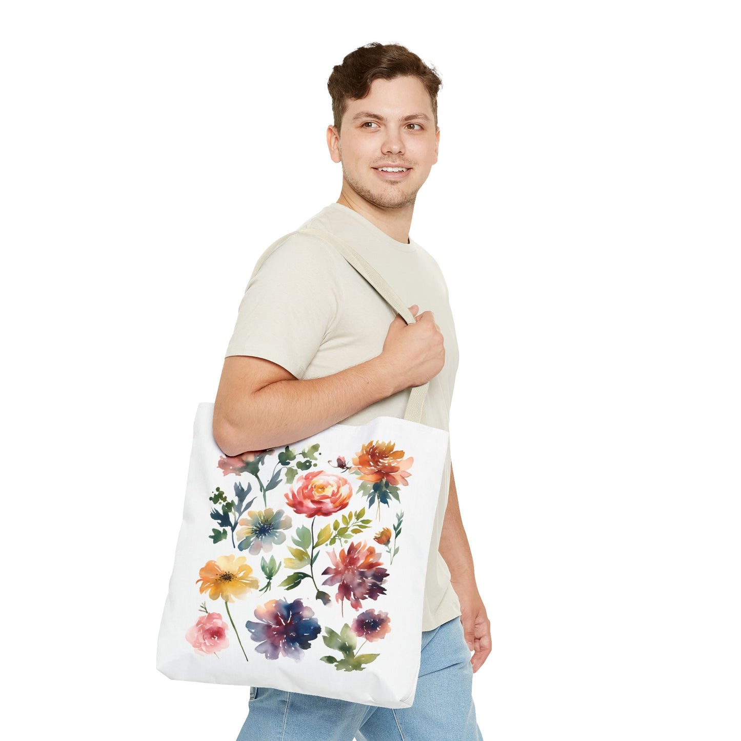 Watercolor Floral Tote Bag held by a smiling man, showcasing its stylish design and practicality for everyday use.
