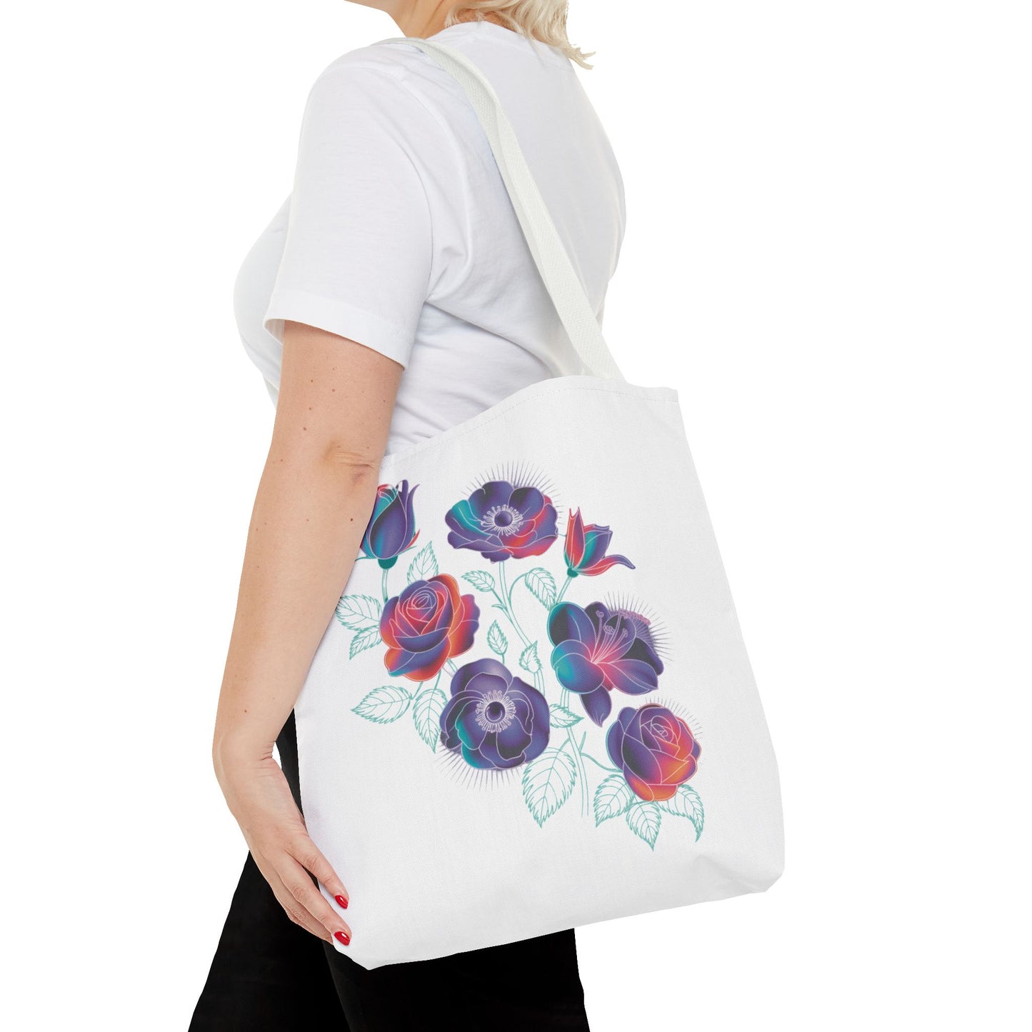 Vibrant Rose, Anemone, Lily Silhouettes Neon Floral Tote Bag showcasing neon floral designs on a dark gray background, ideal for nature lovers. Durable polyester with reinforced handles and boxed corners for style and utility.