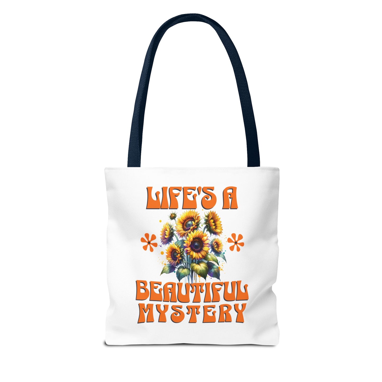 Life's A Beautiful Mystery Tote Bag with orange and yellow floral design, featuring durable polyester material and reinforced handles, perfect for exploring life's surprises.