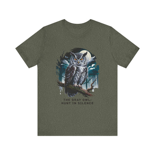 The Gray Owl: Hunt in Silence Bella+Canvas Unisex T-Shirt features a detailed owl print, ideal for casual outings and nature lovers. Made from lightweight cotton, it's perfect for comfort and style.
