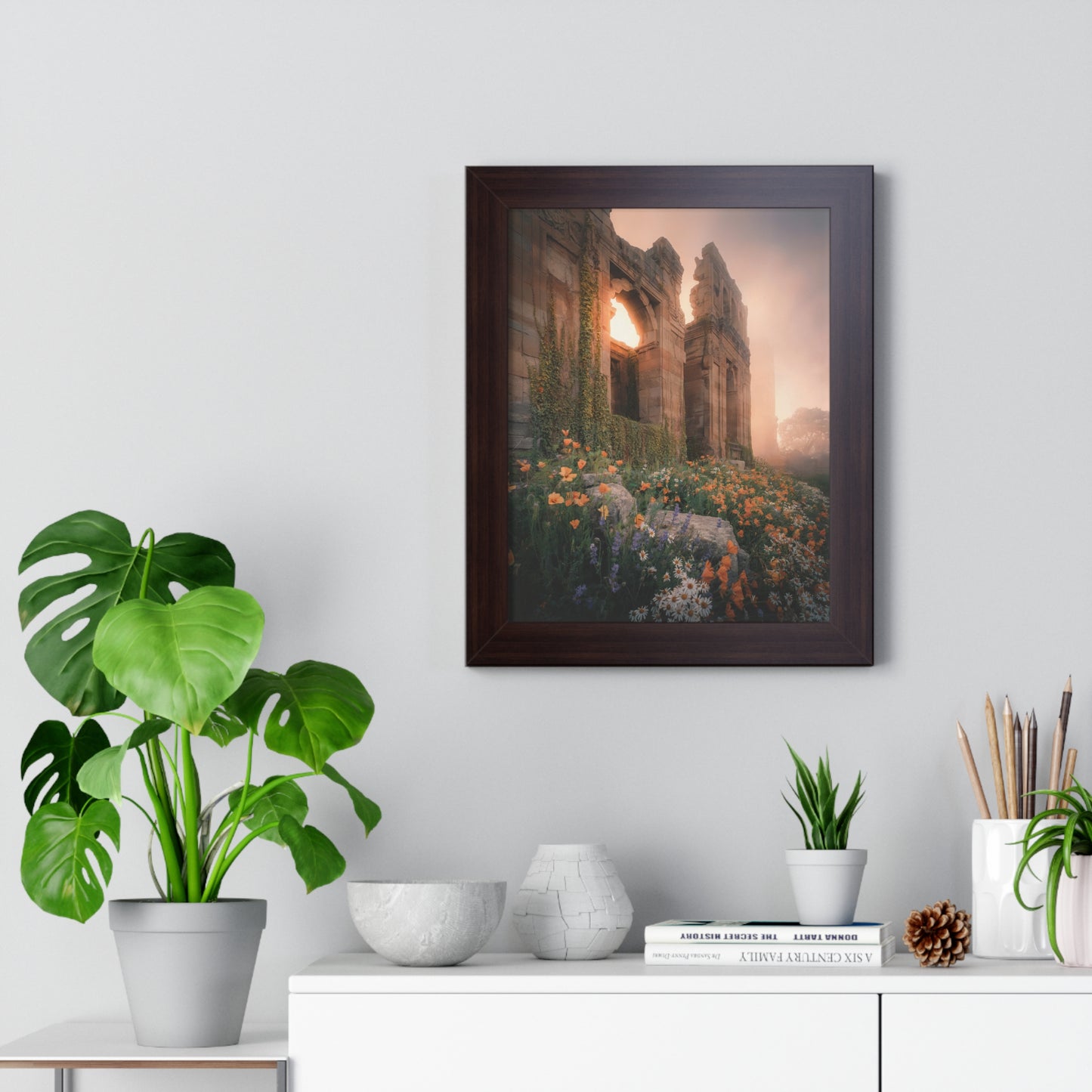 Vertical Poster - Ancient Palace Ruins with Wildflowers and Sunrise Photography Art Print in a sleek frame, showcasing vibrant wildflowers amidst historical ruins, perfect for enhancing home decor with whimsy and tranquility.