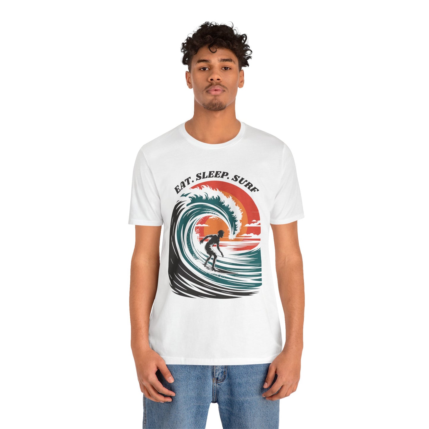 Surf Tee - Eat Sleep Surf Design features a man wearing the white t-shirt with a graphic of a surfer, embodying a relaxed, beachy vibe perfect for casual outings.