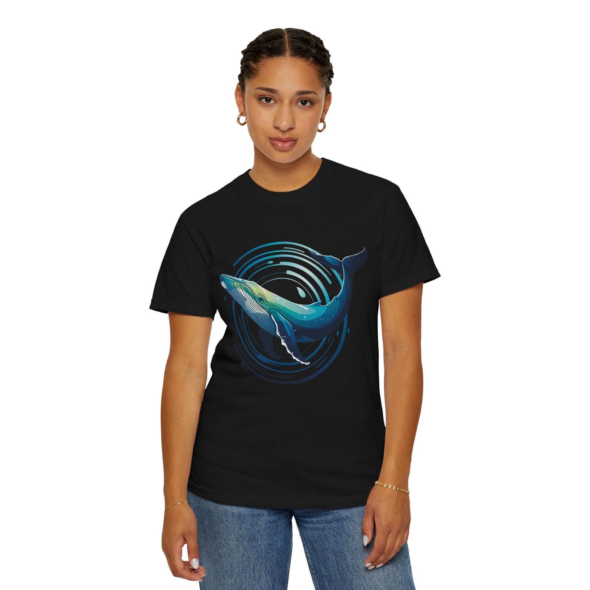 Ocean Wave with Humpback Whale Fin Design T-Shirt, featuring a dynamic abstract ocean scene illustration, perfect for marine enthusiasts. Durable double-needle stitching, soft garment-dyed fabric, and made from 100% US cotton.
