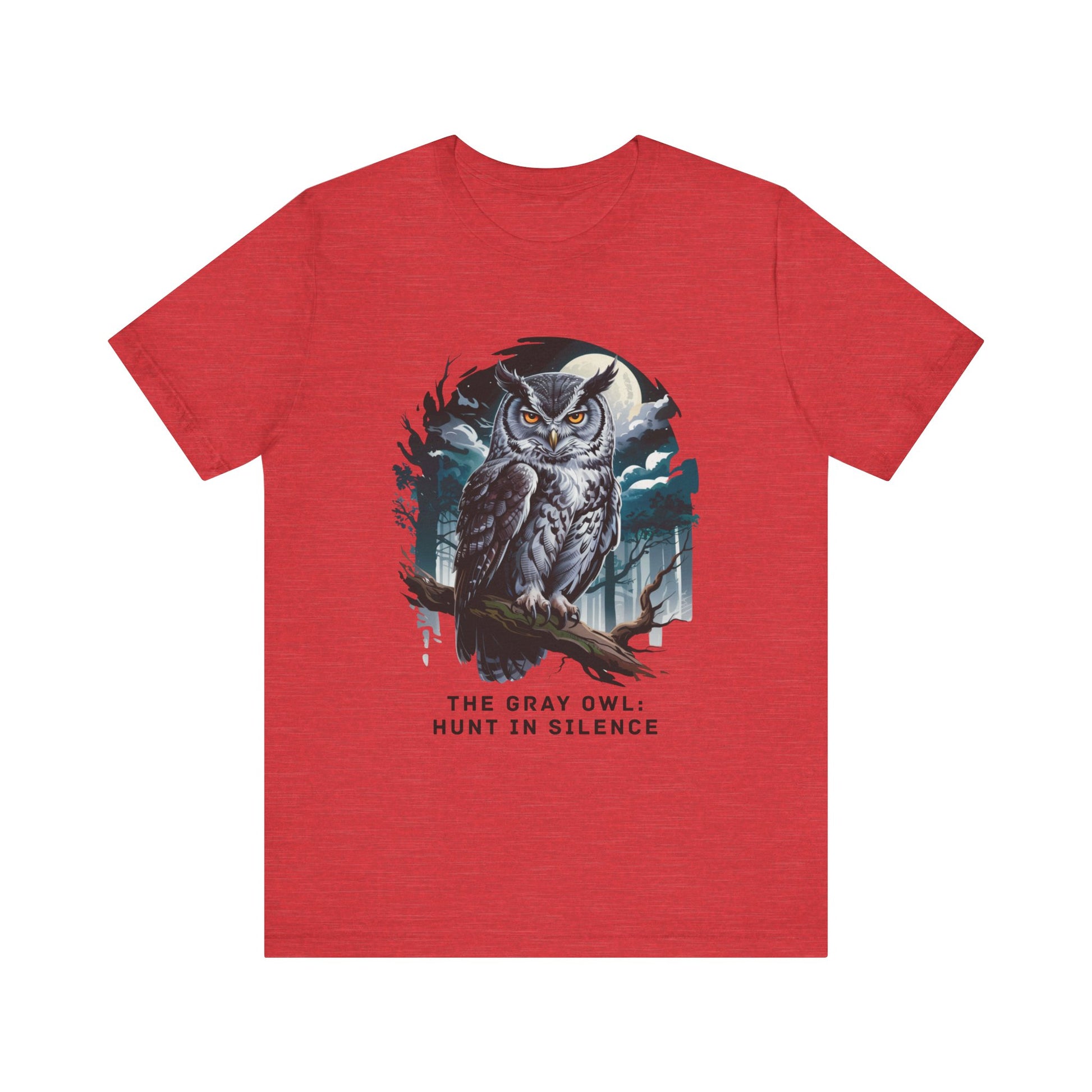 The Gray Owl: Hunt in Silence Bella+Canvas Unisex T-Shirt features an intricate owl design on a red short sleeve, ideal for nature enthusiasts seeking stylish, comfortable apparel.