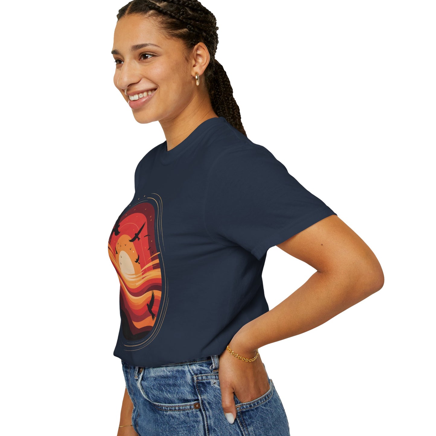 Sunset Energy Abstract T-Shirt featuring vibrant concentric rings and silhouetted birds, embodies dynamic warmth and motion, perfect for adding a pop of color and energy to casual summer outfits.