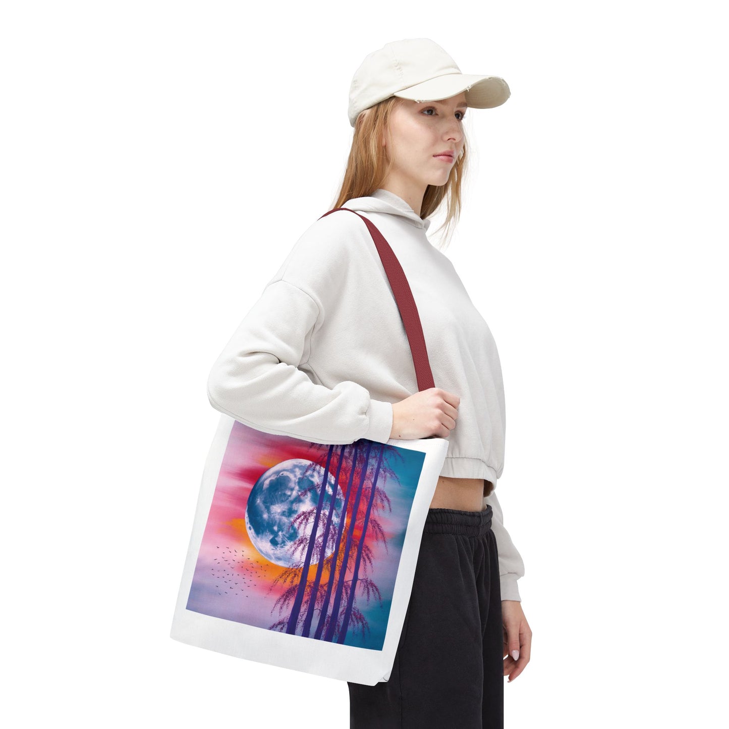 Moonlit Landscape Tote Bag showcasing a vibrant full moon scene with abstract trees and a fiery sunset sky, perfect for nature enthusiasts and art lovers. Durable, stylish, and ideal for everyday use.