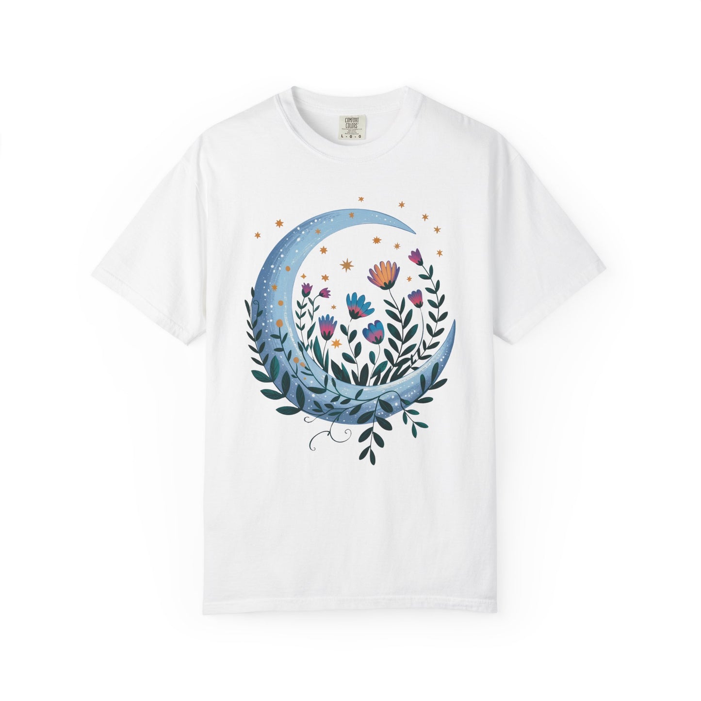 Crescent Moon with Flowers T-Shirt features a dreamy crescent moon adorned with delicate floral patterns, embodying a bohemian spirit. Ideal for casual wear, this tee reflects FireBrook Essentials' uplifting style.