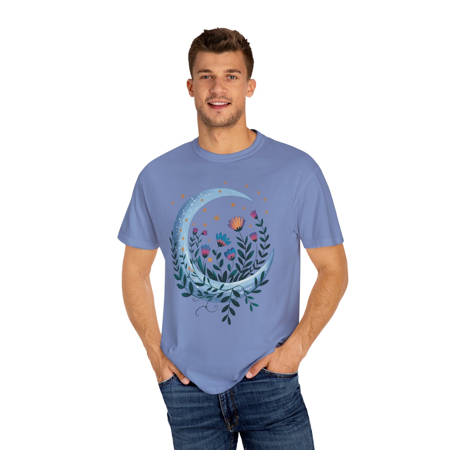 Crescent Moon with Flowers T-Shirt featuring a bohemian, dreamy design ideal for nature lovers. The relaxed fit and crew neckline offer comfort and style for casual outings or special occasions.