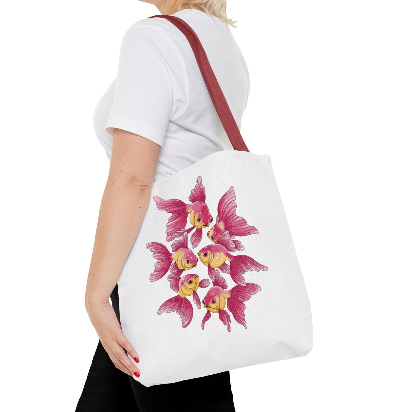 Fish Tote Bag - School of Fish Design: A durable polyester tote featuring a tranquil fish design, perfect for ocean lovers and ideal for carrying essentials, reflecting FireBrook Essentials' uplifting style.