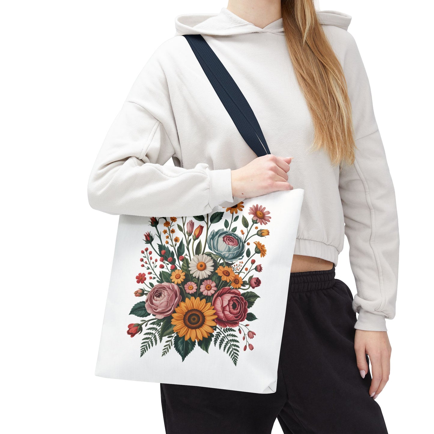 Botanical Vintage Flower Tote Bag showcasing a vintage flower collage with cut-out botanical illustrations in muted pastels and warm tones. Ideal for carrying essentials, this bag aligns with FireBrook Designs' uplifting and stylish ethos.