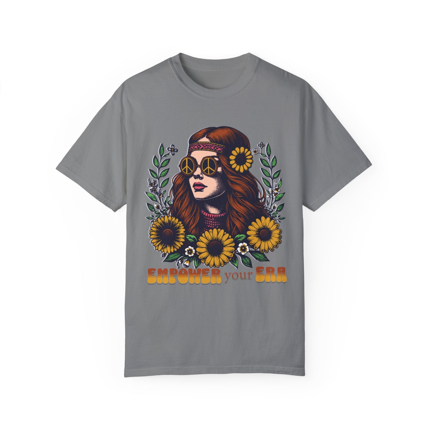 Empower Your Era Comfort Colors Unisex T-Shirt featuring a graphic of a woman in sunglasses and flowers, emphasizing comfort with high-quality cotton and a relaxed fit, ideal for casual wear.