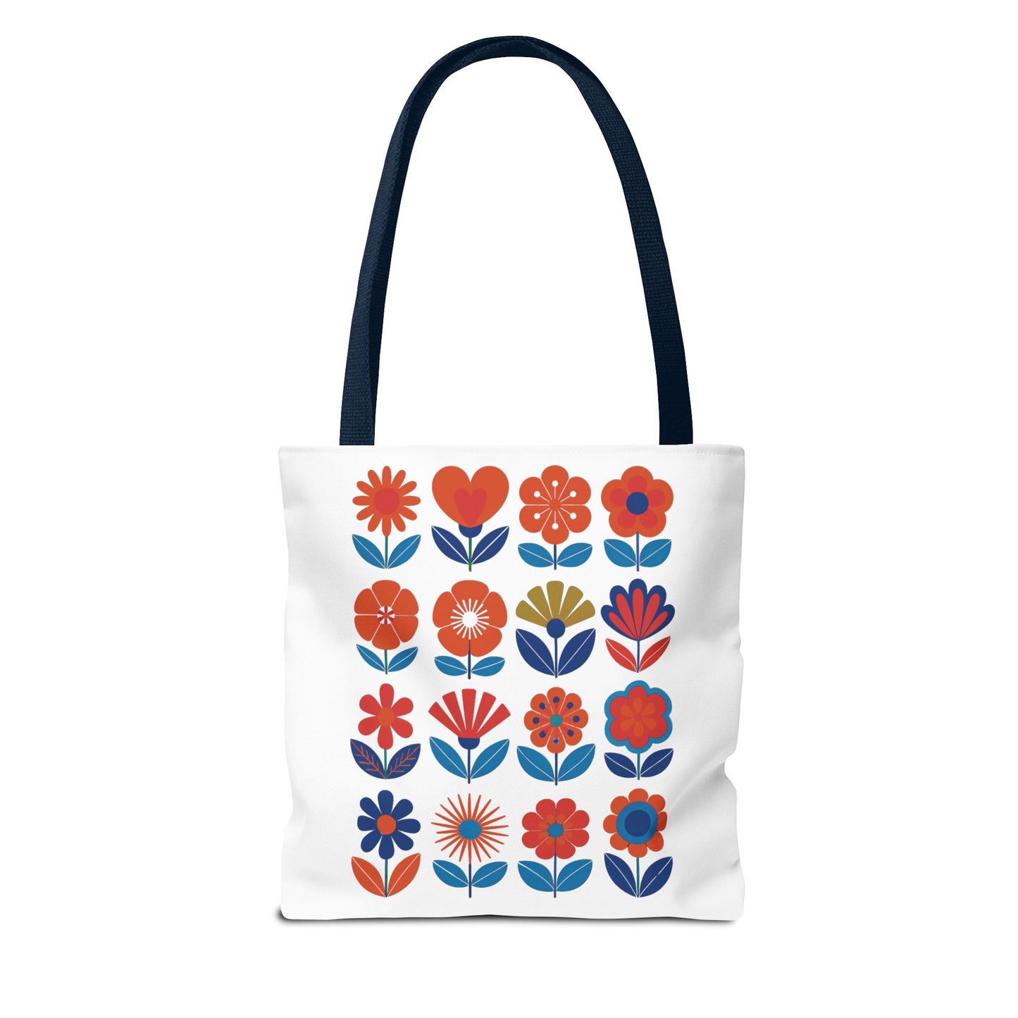 Floral Tote Bag with mid-century modern floral design, offering a stylish and trendy look. Ideal for carrying essentials, it features a durable 100% polyester body and reinforced handles.