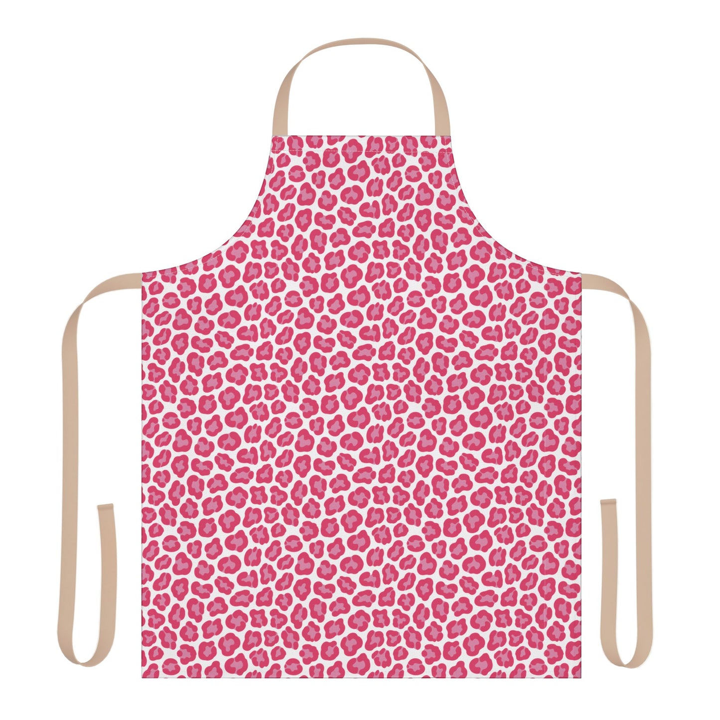 Cheetah Print Apron from FireBrook Designs showcases a stylish, fashion-forward design. This close-up highlights its vibrant pattern and practical tie-back closure, perfect for enhancing kitchen or grilling events with flair.